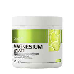 OstroVit Magnesium Malate supplement in lime flavor, 120g container, rich in magnesium and vitamin B6.