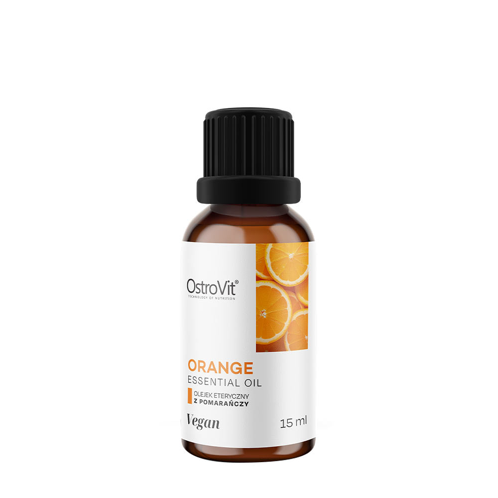 OstroVit Orange Essential Oil bottle, 15 ml, vegan, enriching aroma for wellness and versatile use.
