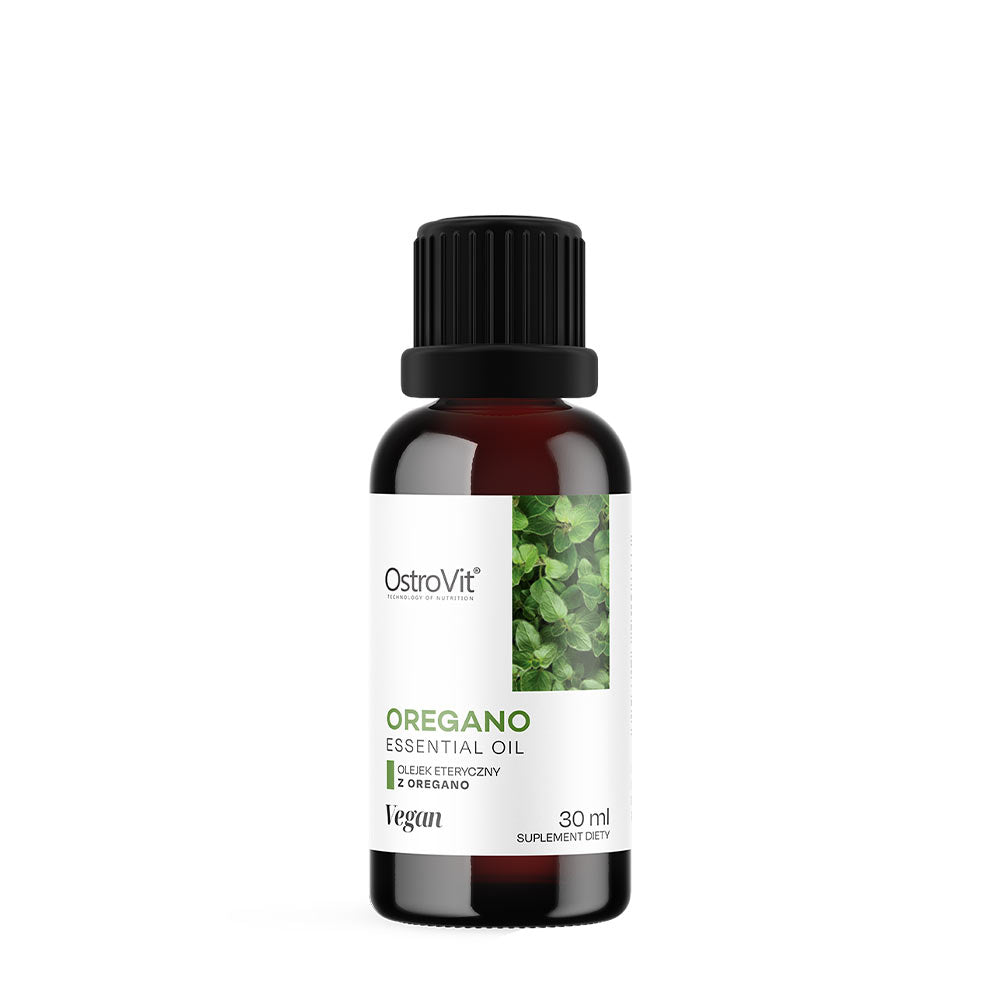 OstroVit Oregano Essential Oil bottle, 30 ml, vegan dietary supplement, featuring herbal design.