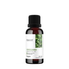 OstroVit Oregano Essential Oil bottle, 30 ml, vegan dietary supplement, featuring herbal design.