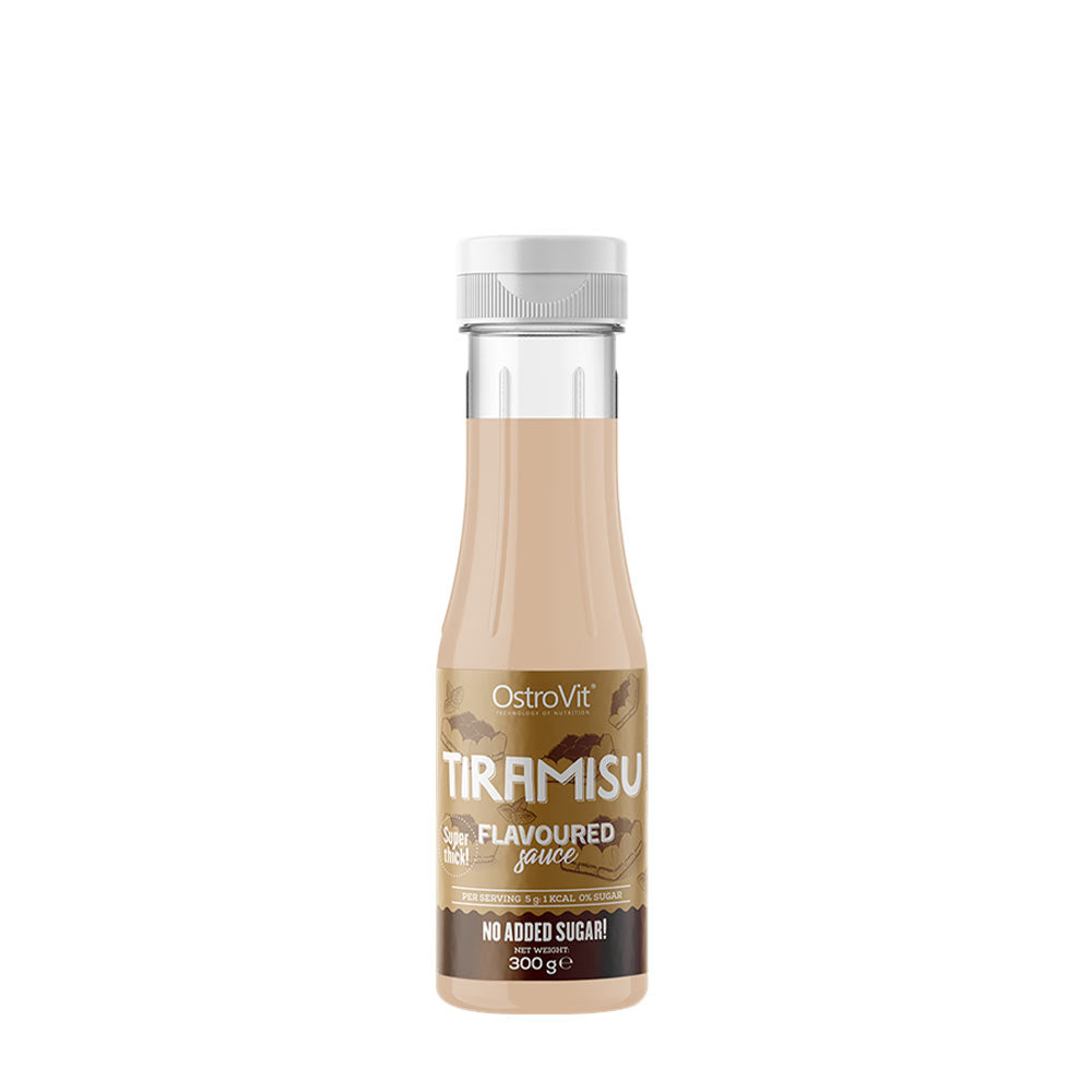 OstroVit Tiramisu Flavoured Sauce bottle, sugar-free with low calories, for versatile sweet flavoring.