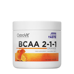 OstroVit BCAA 2-1-1 orange flavor supplement, 200g container for muscle recovery.