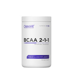 OstroVit BCAA 2-1-1 supplement container, 400g, offers essential amino acids leucin, valin, isoleucin for muscle support.