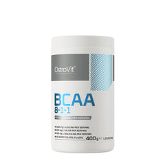 OstroVit BCAA 8-1-1 lemon flavor supplement jar with 400g, containing 40 servings of branched chain amino acids.