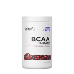 OstroVit BCAA Instant Cherry supplement canister, promoting muscle endurance and fat burning.