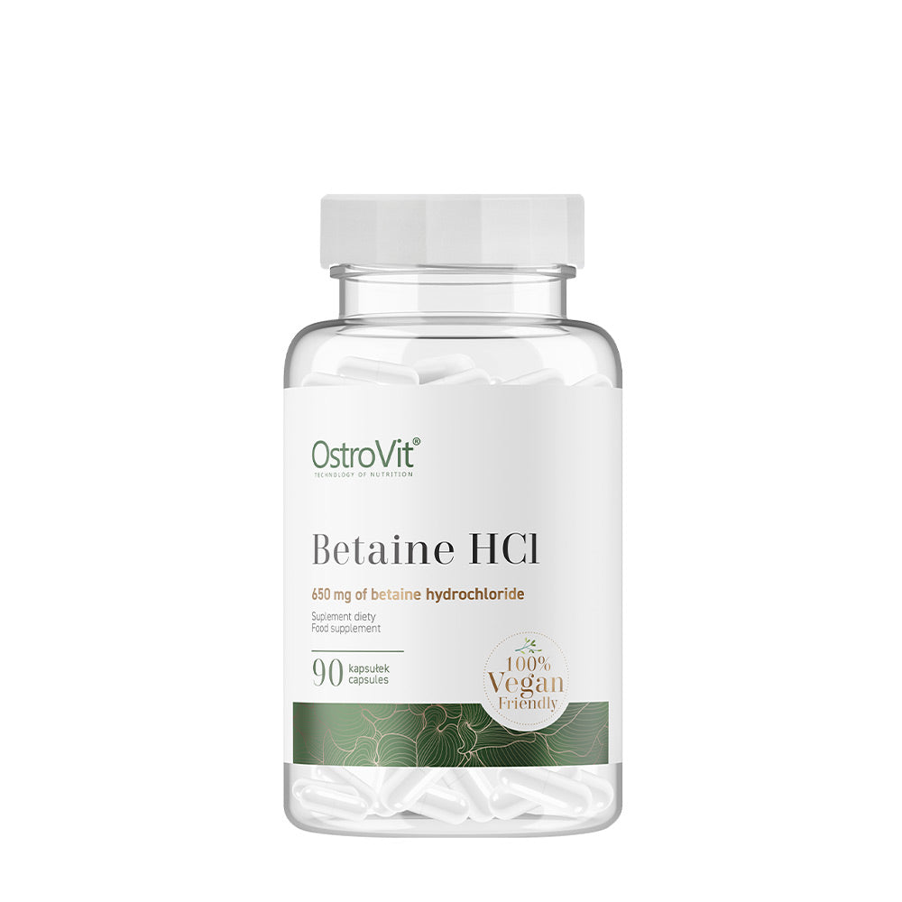 OstroVit Betaine HCl bottle with 90 vegan capsules for digestive support and muscle strength.