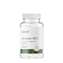 OstroVit Betaine HCl bottle with 90 vegan capsules for digestive support and muscle strength.