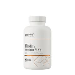 OstroVit Biotin 10.000 MAX supplement bottle with 60 tablets, supporting healthy hair and skin.