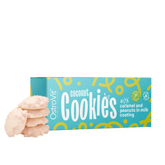 OstroVit coconut cookies with caramel and peanuts in milk glaze, featuring a colorful packaging.