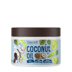 OstroVit Coconut Oil jar with a panda design, labeled as pure and natural energy source for cooking.
