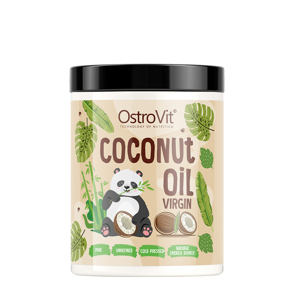 OstroVit Virgin Coconut Oil jar with panda illustration, 100% natural, unrefined, cold-pressed product.