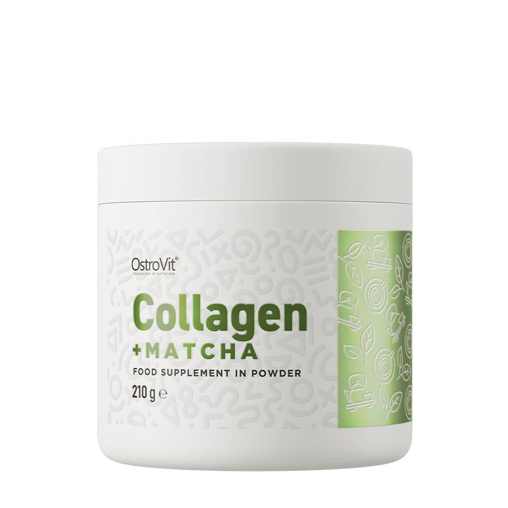 OstroVit Collagen + Matcha powder supplement jar, 210g, rich in collagen peptides and matcha green tea.