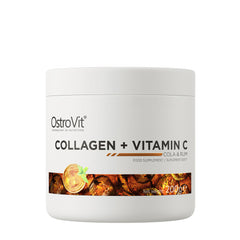 OstroVit Collagen + Vitamin C supplement tub with cola and rum flavor, 200g, high-quality nutrition aid.