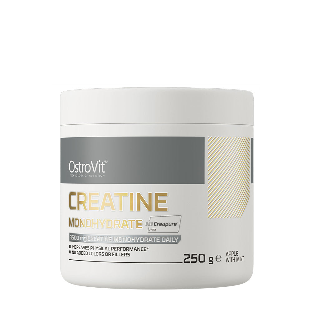 OstroVit Creatine Monohydrate Creapure 250g jar in Apple with Mint flavor for enhanced physical performance.