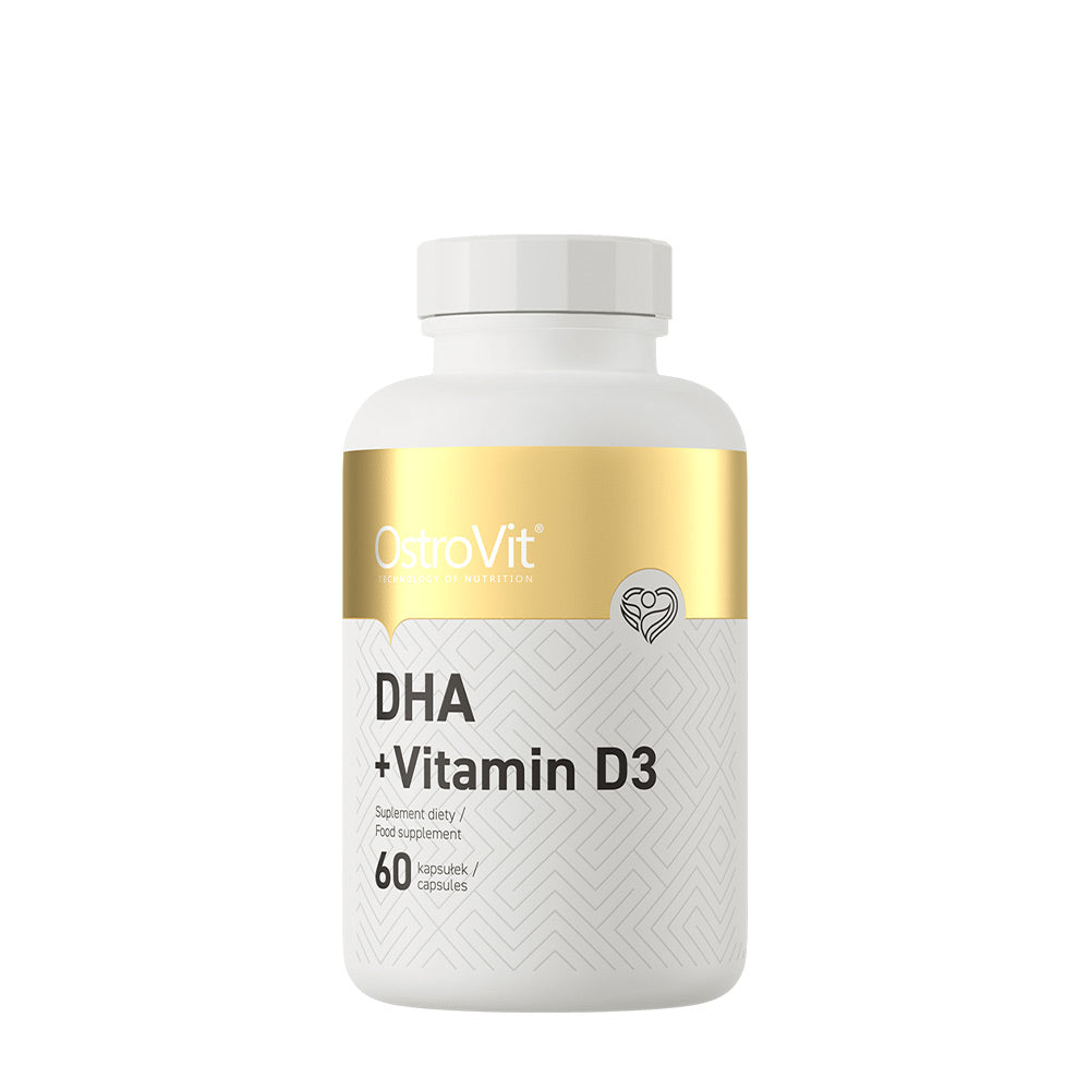 OstroVit DHA + Vitamin D3 dietary supplement bottle with 60 capsules for daily health support.