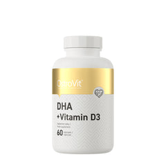 OstroVit DHA + Vitamin D3 dietary supplement bottle with 60 capsules for daily health support.