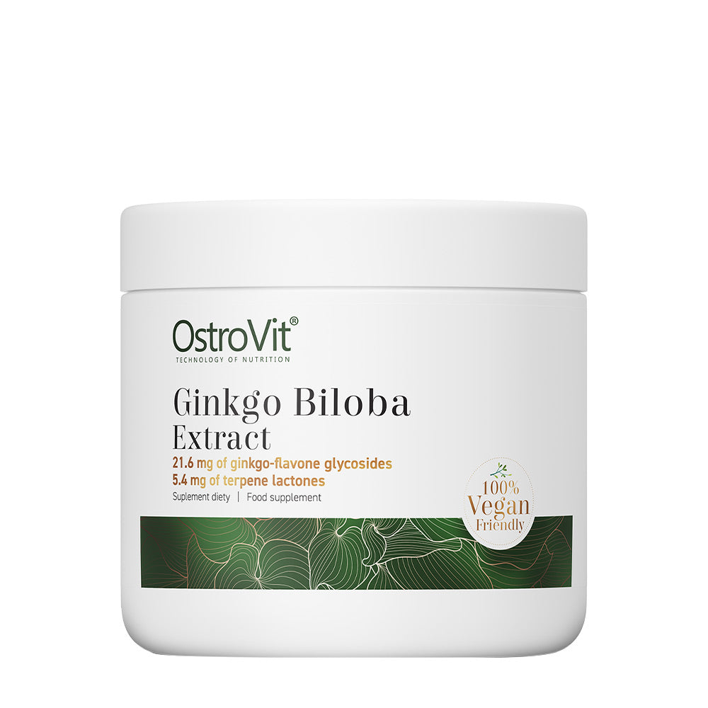 OstroVit Ginkgo Biloba Extract container highlighting benefits of vegan-friendly dietary supplement.
