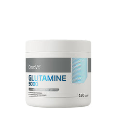 OstroVit Glutamine 5000 mg supplement container with 150 capsules for muscle recovery and immune support.