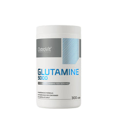 OstroVit Glutamine 5000 mg supplement, 300 capsules, supports muscle recovery and immune function.
