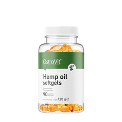 OstroVit hemp oil softgels bottle with 90 capsules, rich in Omega 3, 6, and 9 for health support.