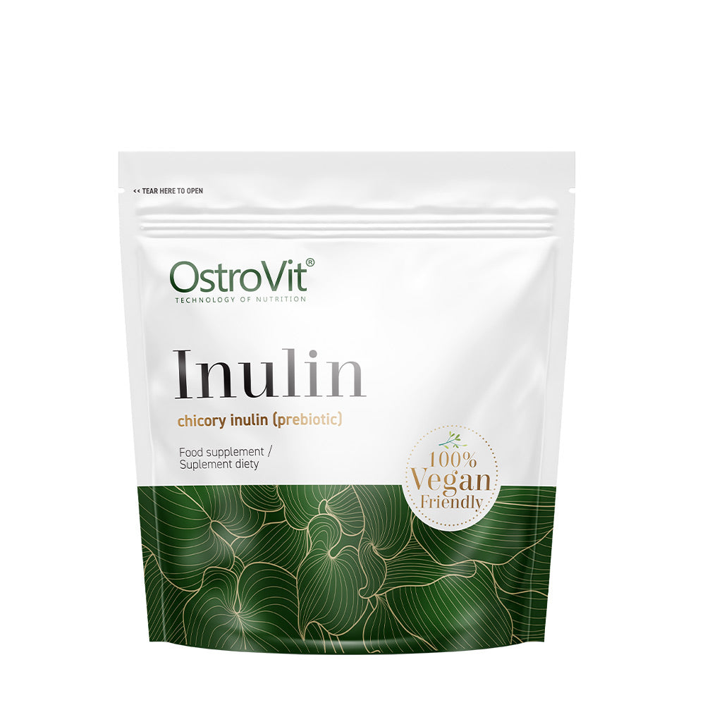 OstroVit Inulin Powder packaging, 100% vegan friendly chicory inulin supplement in a resealable bag.
