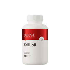 OstroVit Krill Oil supplement bottle, 60 capsules, rich in omega-3 for heart and brain health.