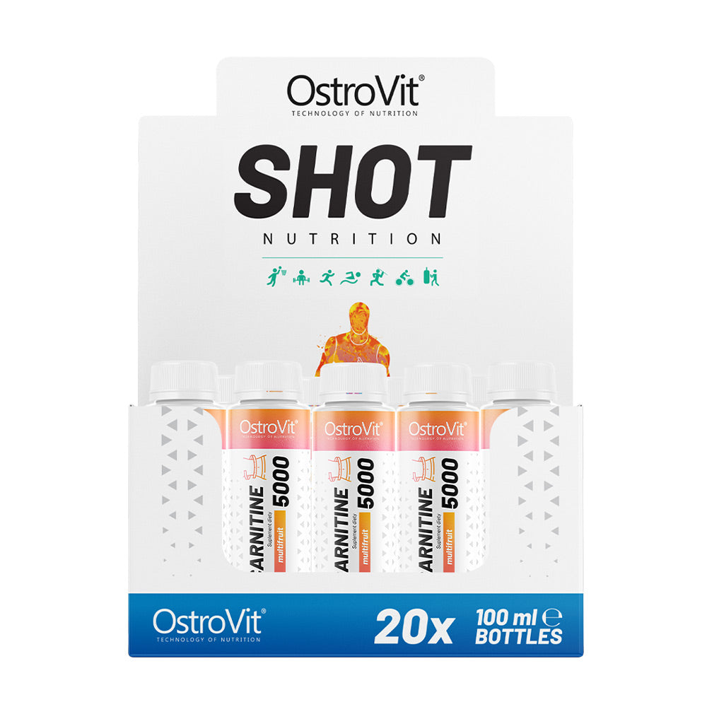 OstroVit L-Carnitine 5000 Shot display with 20 bottles, each 100 ml, showcasing concentrated L-carnitine for energy.