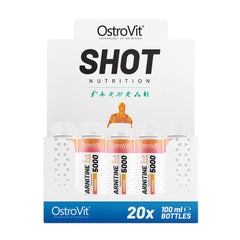 OstroVit L-Carnitine 5000 Shot display with 20 bottles, each 100 ml, showcasing concentrated L-carnitine for energy.
