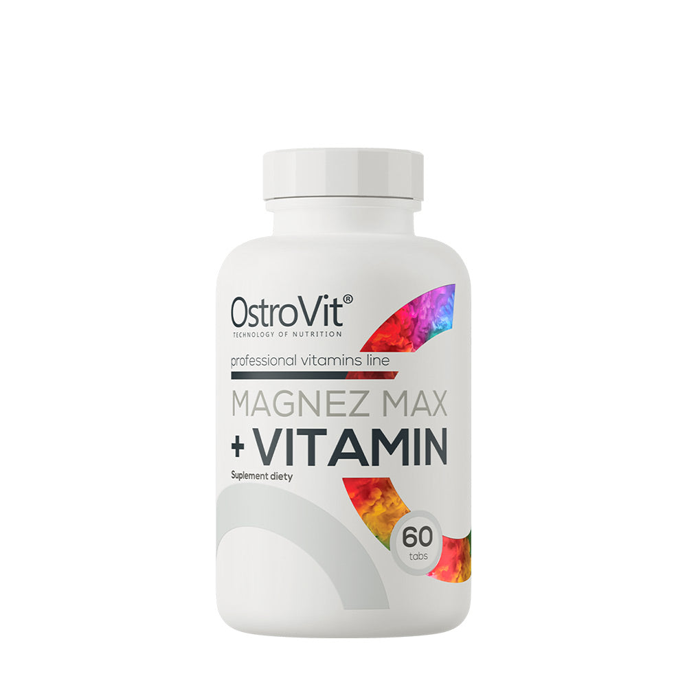 OstroVit Magnez MAX + Vitamin supplement bottle with 60 easy-to-swallow tablets for daily magnesium and vitamin intake.