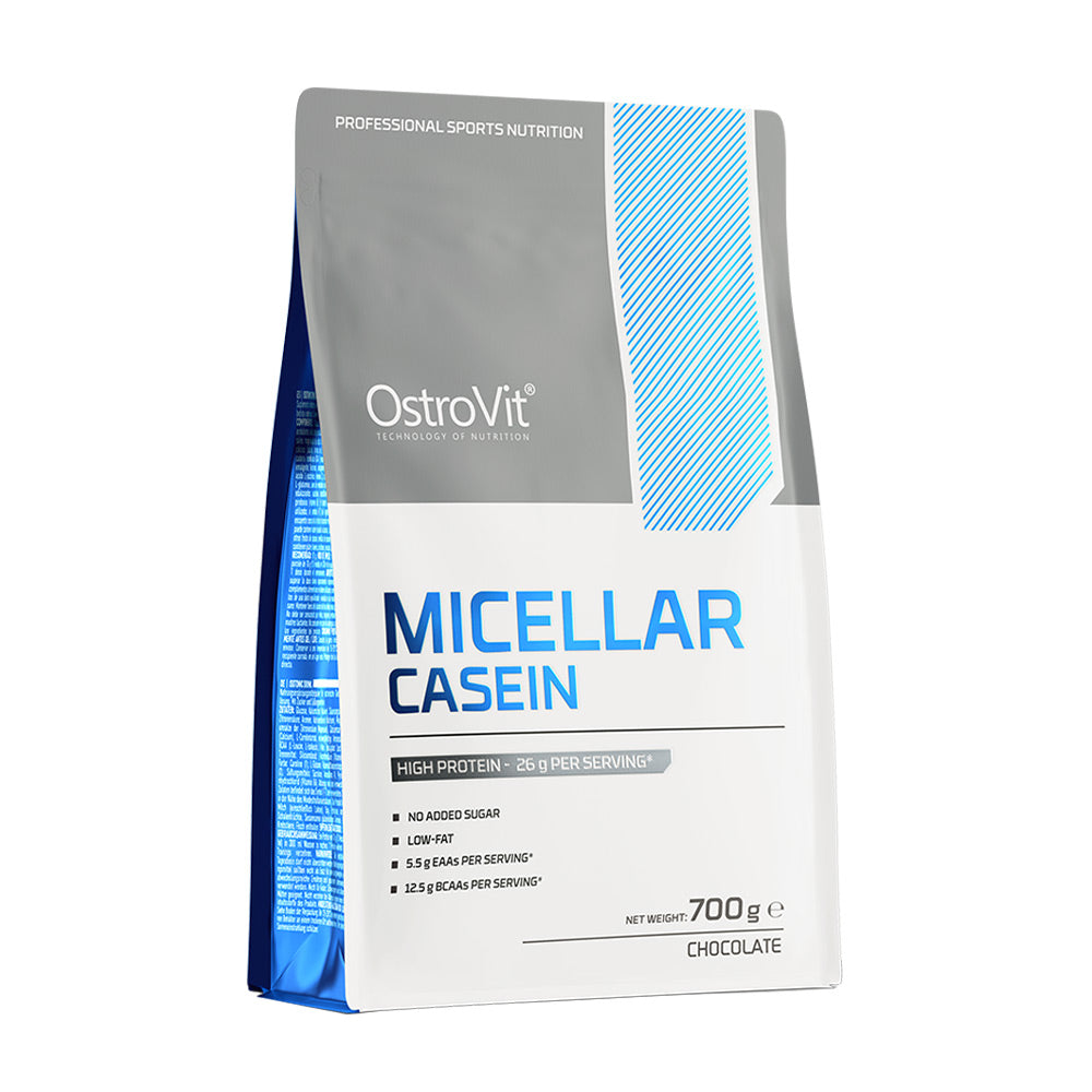 OstroVit Micellar Casein protein supplement packaging, 700g in chocolate flavor, high-quality casein protein