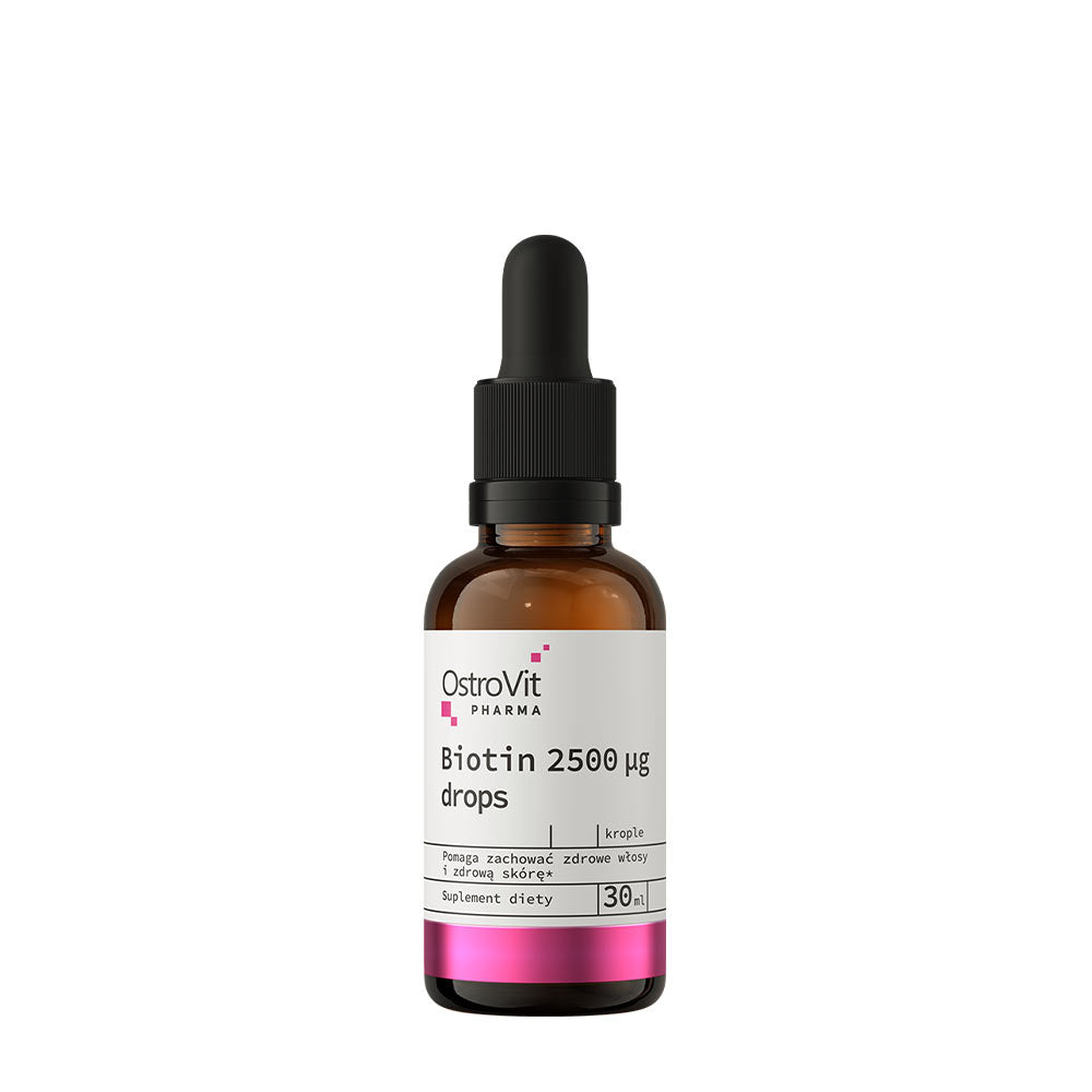 OstroVit Pharma Biotin 2500 µg drops for hair, skin, and nails support in a 30ml brown bottle.
