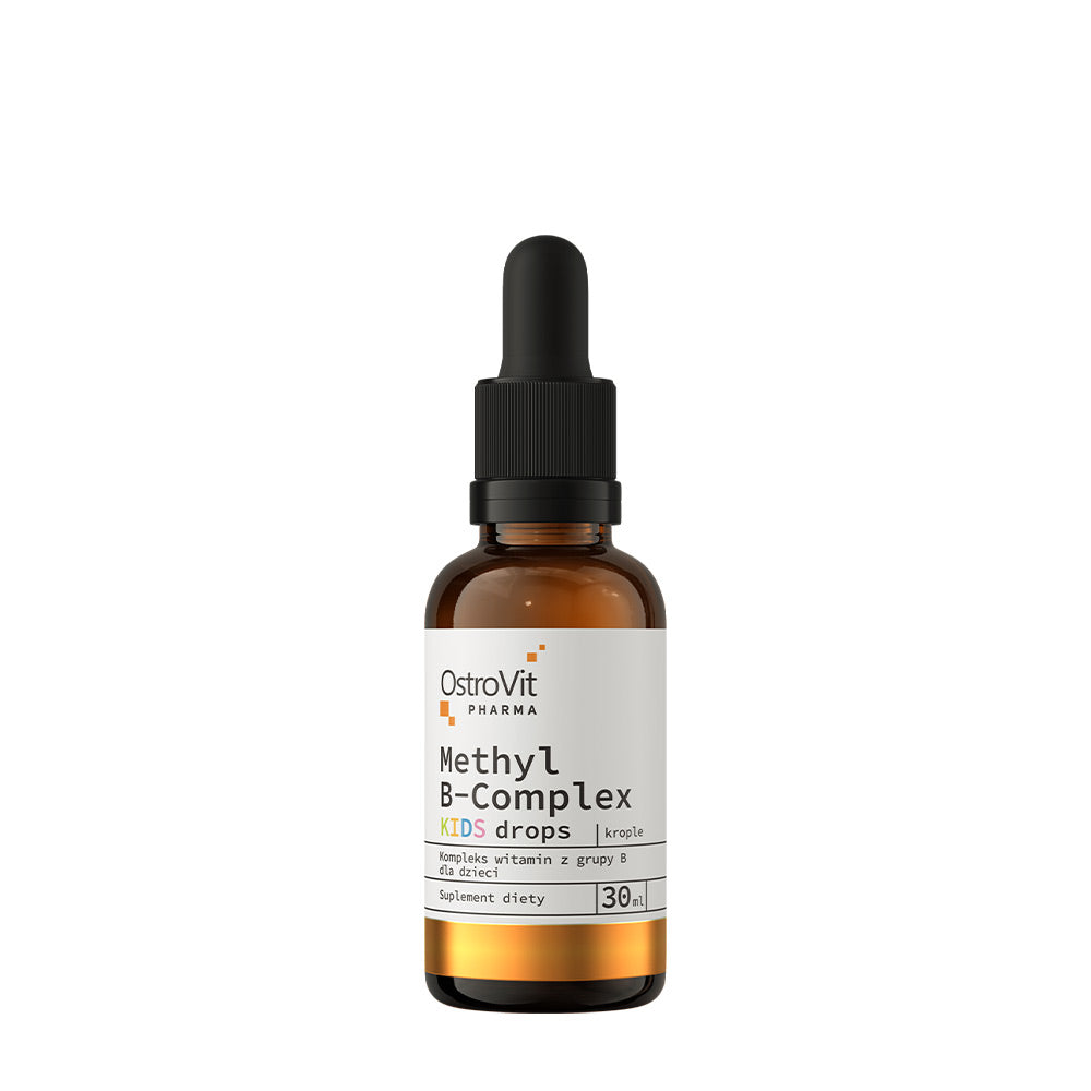 OstroVit Pharma Methyl B-Complex Kids drops in a dropper bottle for children's nutritional needs.