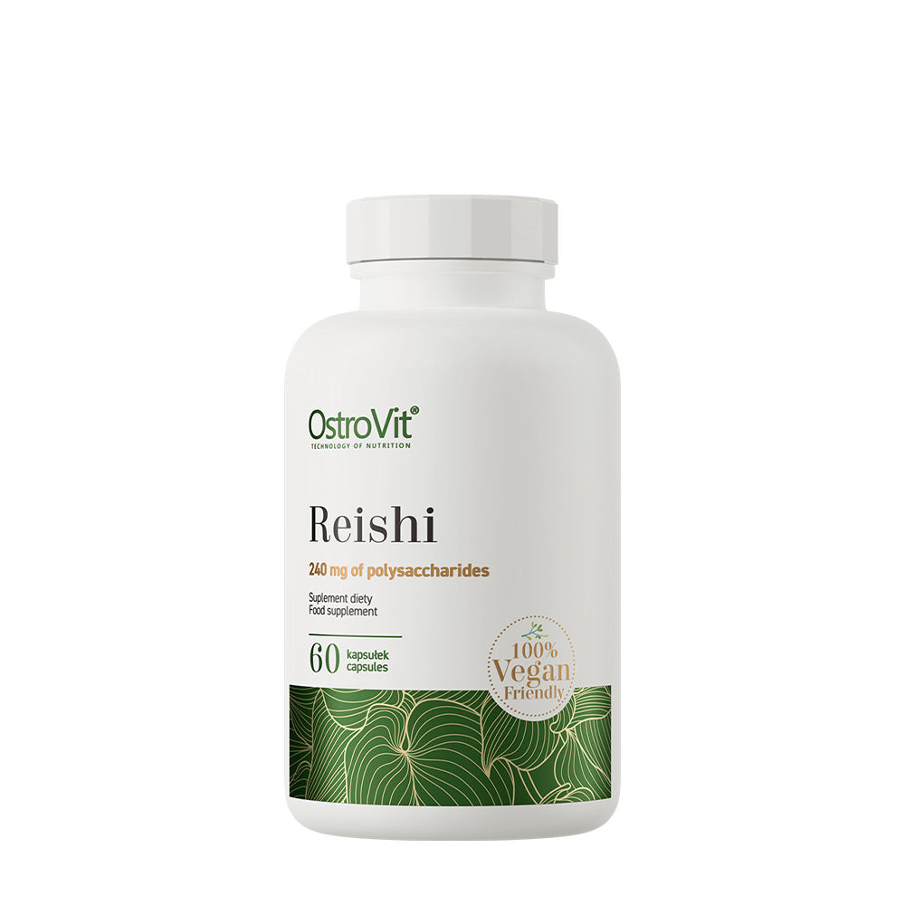OstroVit Reishi VEGE supplement bottle with 60 vegan capsules and 240 mg polysaccharides per serving.