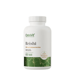 OstroVit Reishi VEGE supplement bottle with 60 vegan capsules and 240 mg polysaccharides per serving.