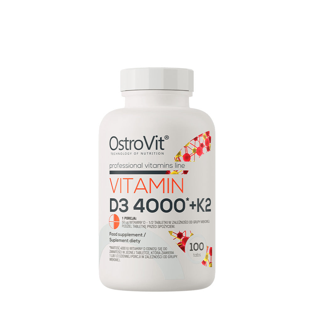 OstroVit Vitamin D3 4000 IU + K2 supplement bottle for immune support and healthy bones.