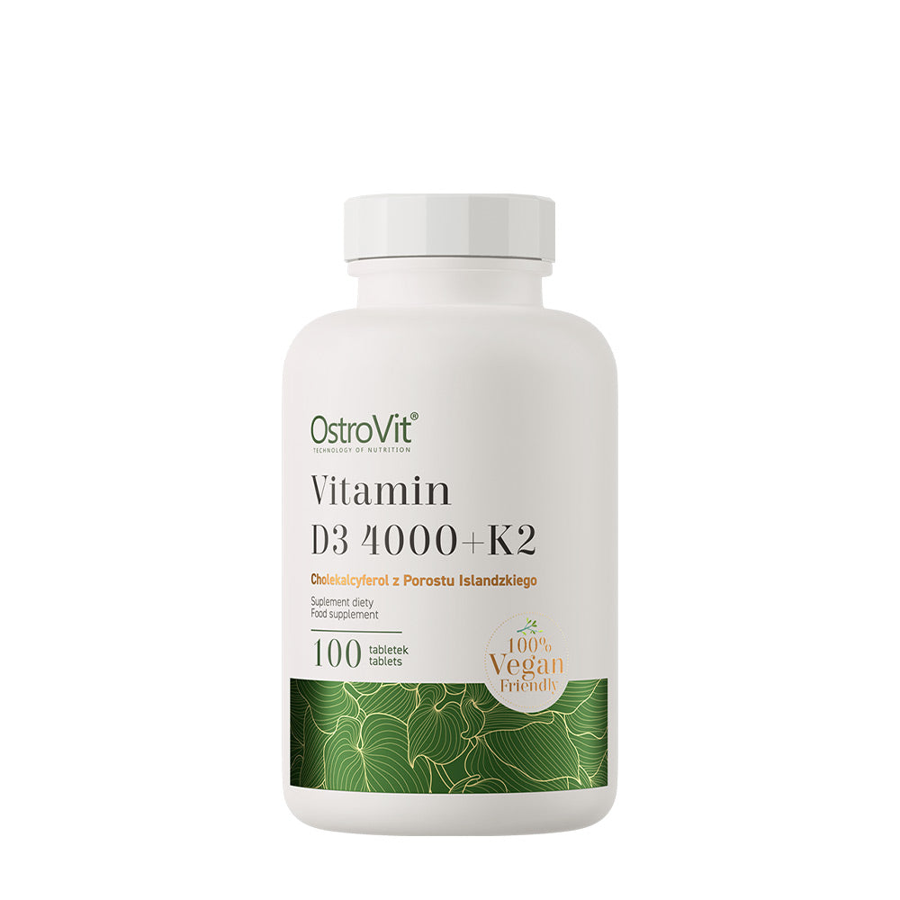 OstroVit Vitamin D3 4000 IU + K2 dietary supplement, 100 vegan tablets in a white bottle with nature-inspired design.