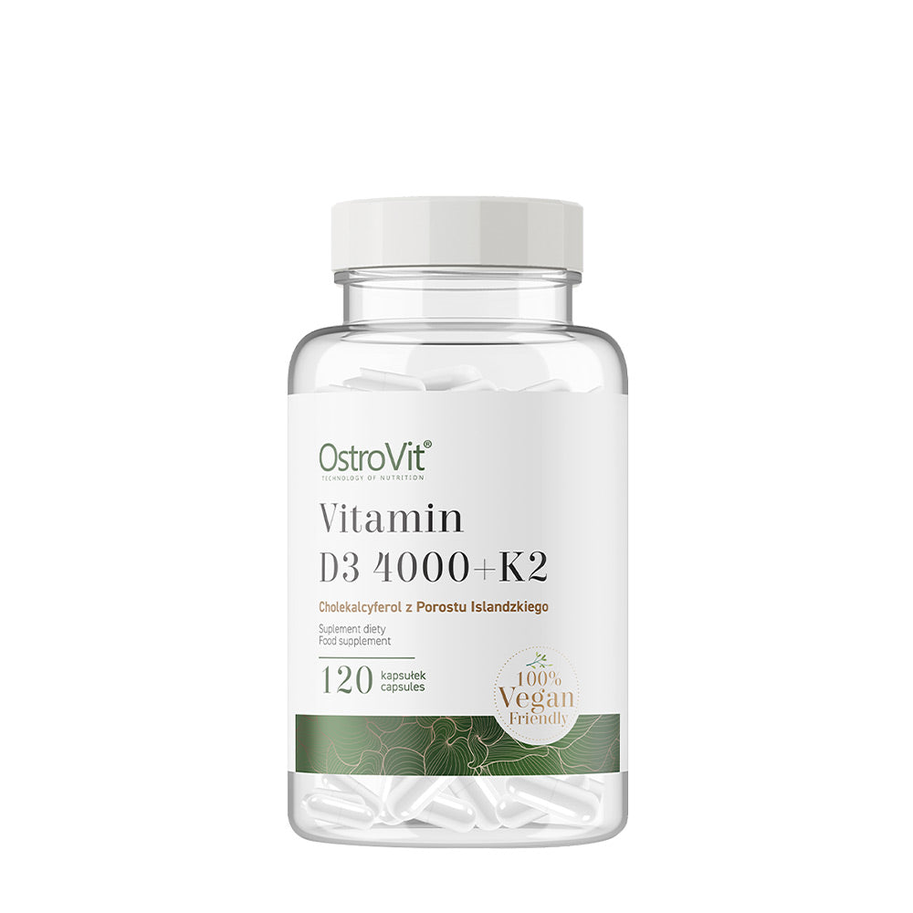 OstroVit Vitamin D3 4000 IU + K2 bottle, vegan supplement for immune support and bone health.