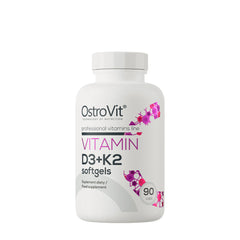 OstroVit Vitamin D3 + K2 softgels bottle, dietary supplement with 90 capsules for immune and bone health.
