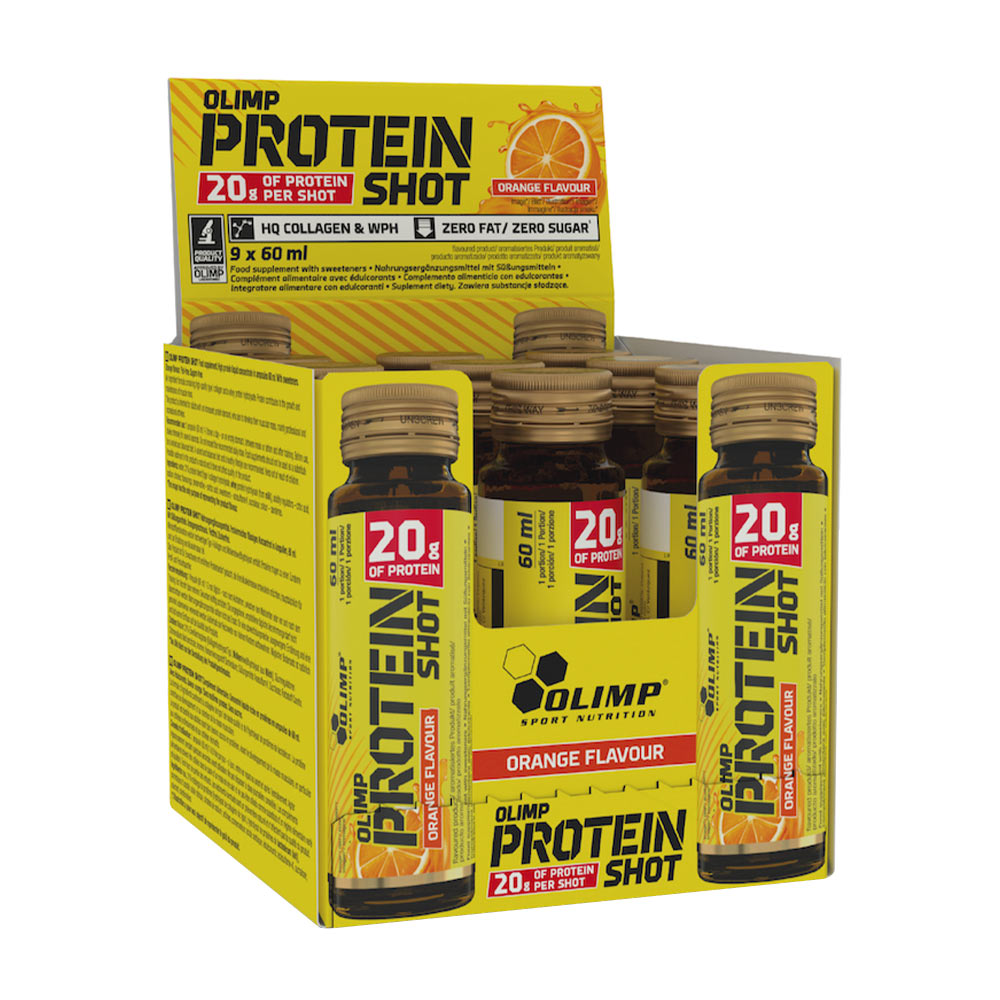 Olimp Protein Shot in orange flavor, containing collagen and whey protein for muscle growth and recovery.
