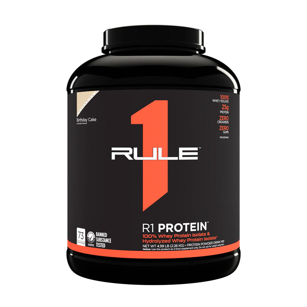 Rule One R1 Protein powder container in Birthday Cake flavor, featuring 25g protein per serving and gluten-free formula.