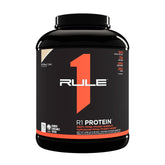 Rule One R1 Protein powder container in Birthday Cake flavor, featuring 25g protein per serving and gluten-free formula.