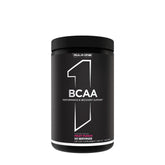 Rule One BCAAs fruit punch supplement for muscle recovery, 60 servings, micronized formula for optimal performance.
