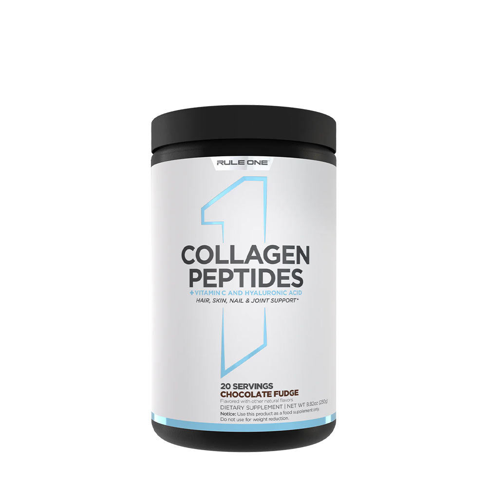 Rule One Collagen Peptides Chocolate Fudge jar for hair, skin, nails, and joint support, 20 servings.
