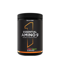 Rule One Essential Amino 9 Cherry Limeade supplement, 30 servings for muscle recovery and hydration.