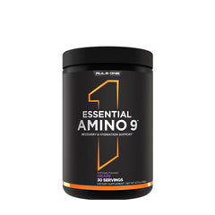 Rule One Essential Amino 9 supplement bottle, featuring 30 servings for recovery and hydration support.