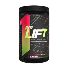 Rule One preLift pre-workout supplement in black cherry limeade flavor for energy and endurance support.