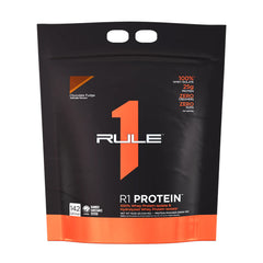 Rule One R1 Protein chocolate fudge flavor, 100% whey protein isolate with 25g protein per serving.