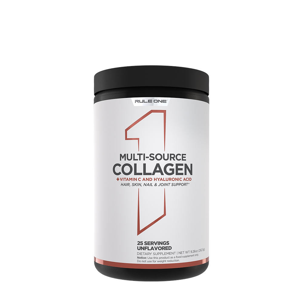 R1 Multi-Source Collagen powder container, unflavored, supports hair, skin, nails, and joint health.