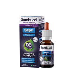Sambucol Baby Drops with vitamin C, designed for infant immune support, featuring black elderberry extract in liquid form.