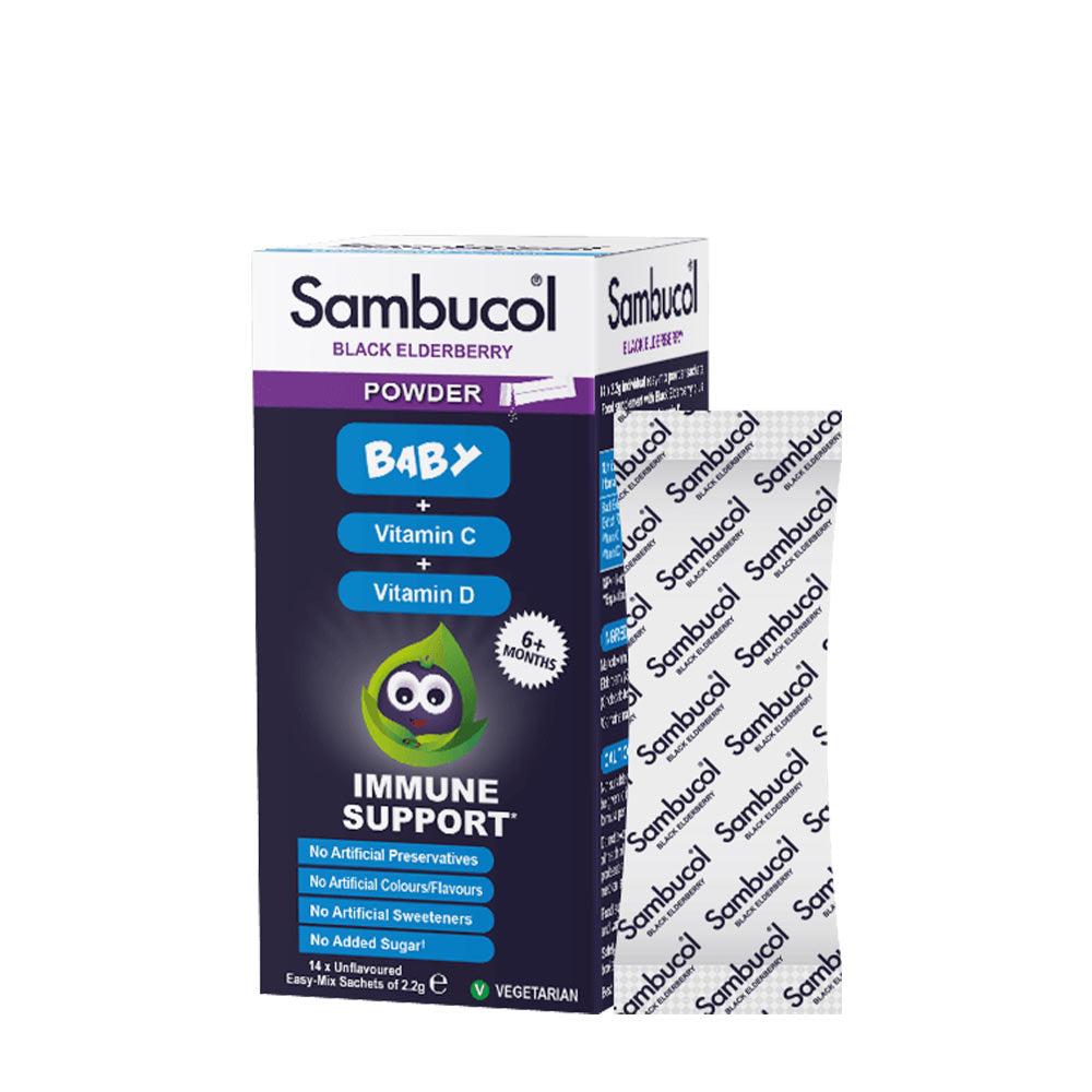 Sambucol Baby Powder box, providing immune support with vitamin C and D, designed for infants 6-36 months.